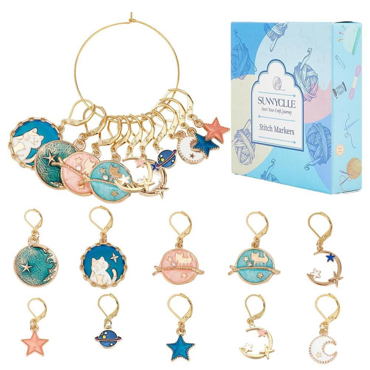 Planet-themed stitch markers set, gold-tone rings with planet and star charms, 20 pcs