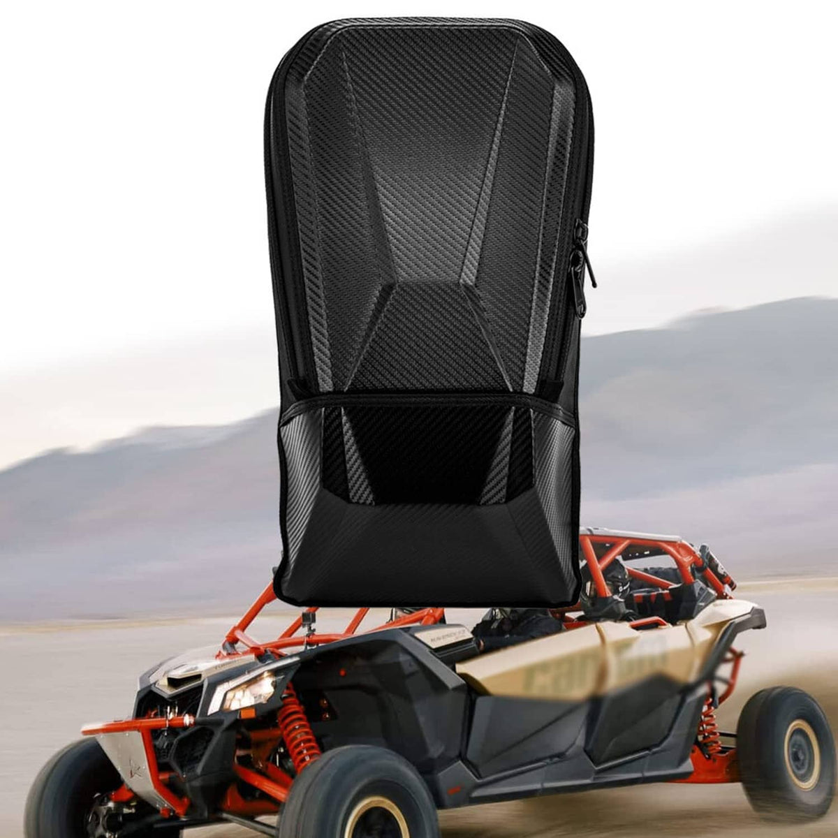 Black molded storage bag mounted on a UTV with carbon-fiber style texture.