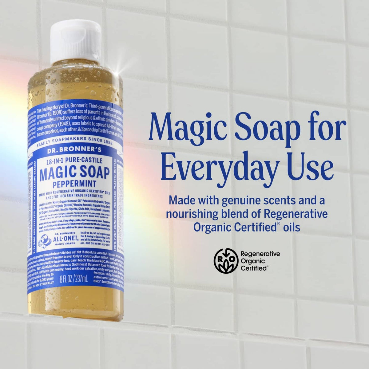 Peppermint liquid castile soap bottle with white pump cap and gold label
