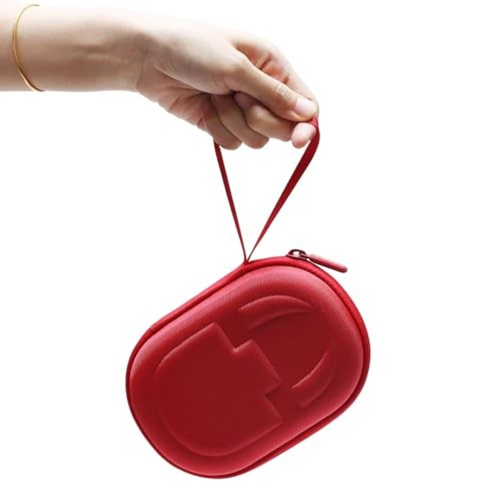Red zippered speaker case, hand pulling strap for opening and carrying