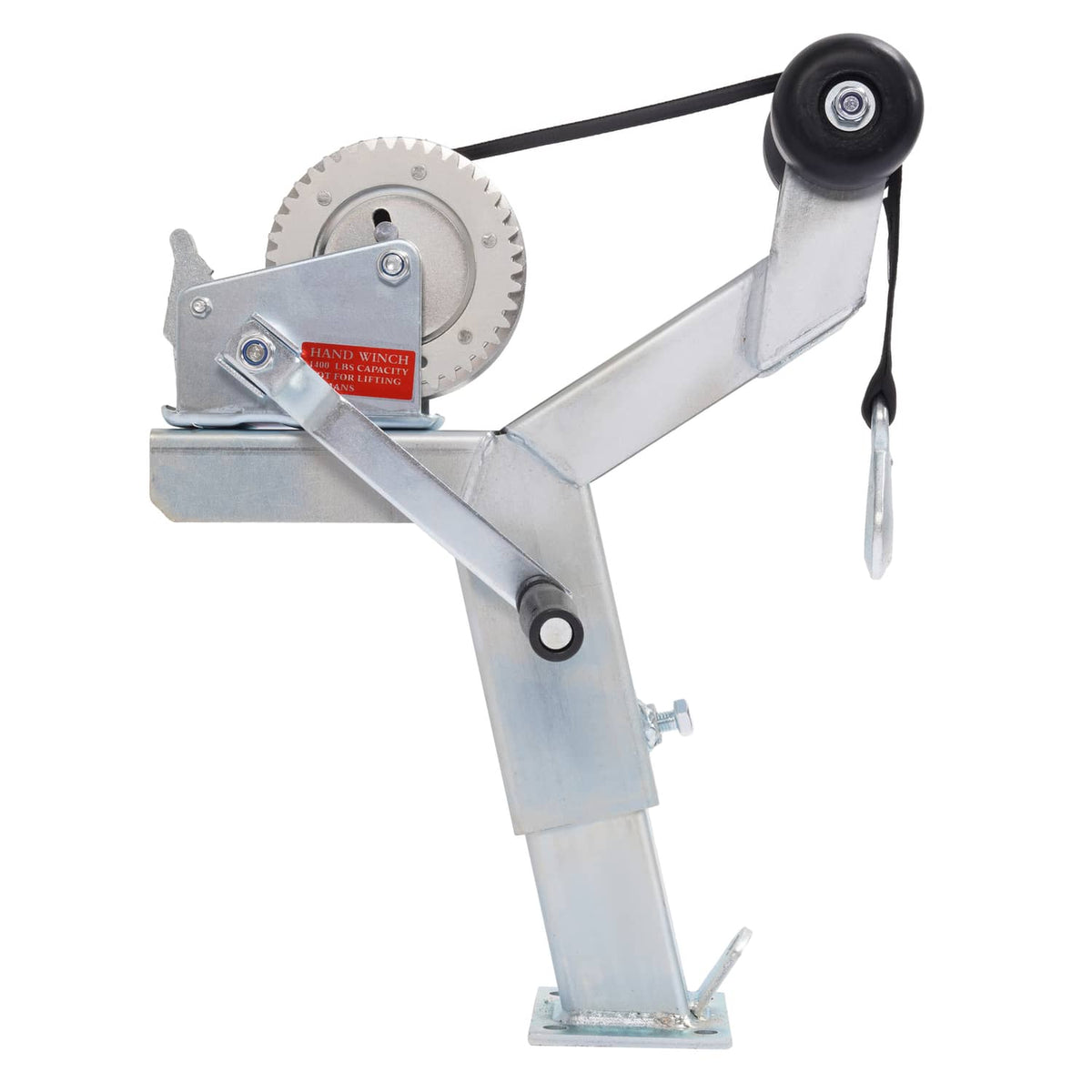 Adjustable boat winch post with large gear wheel, black roller, and steel base plate.