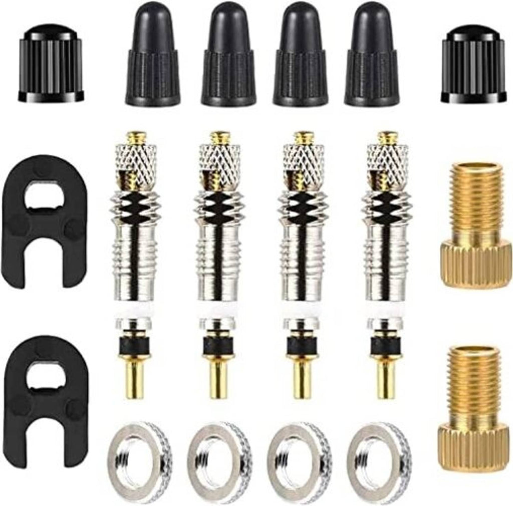 Bike valve repair parts set: brass adapters, multiple Presta cores, black caps and clips
