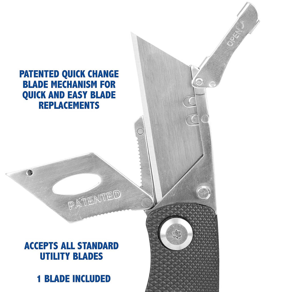 Folding utility knife with extended blade and quick-change mechanism; accepts standard blades