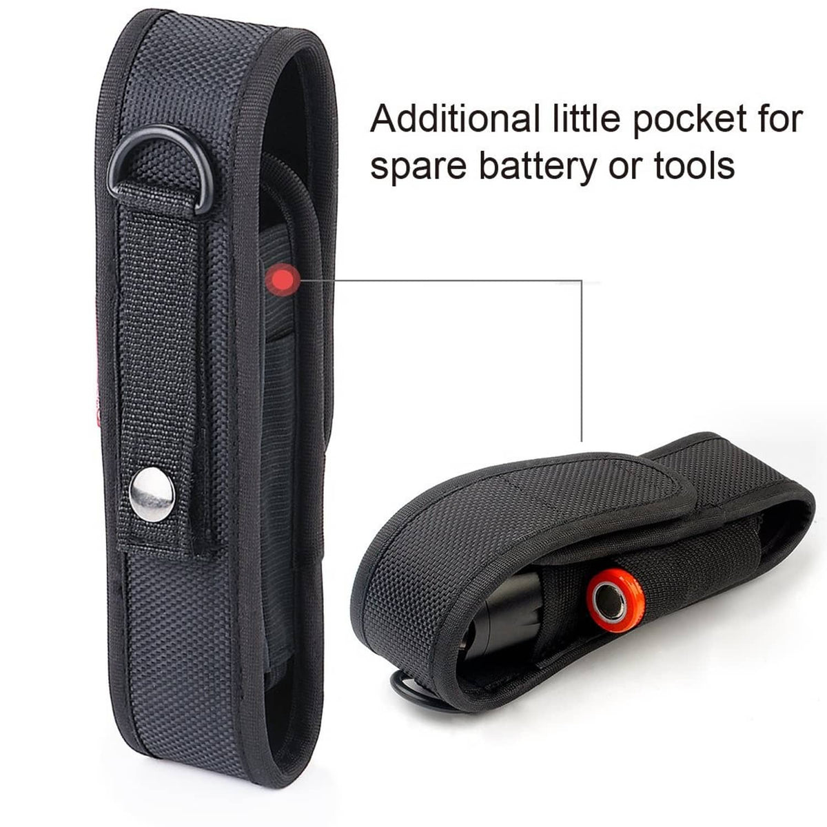 Black nylon flashlight holster with side pocket for spare battery or tools