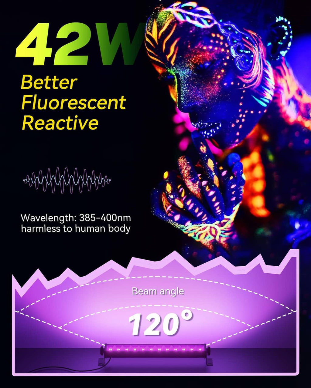 42W black light bar with fluorescent reactive glow and 120° beam angle