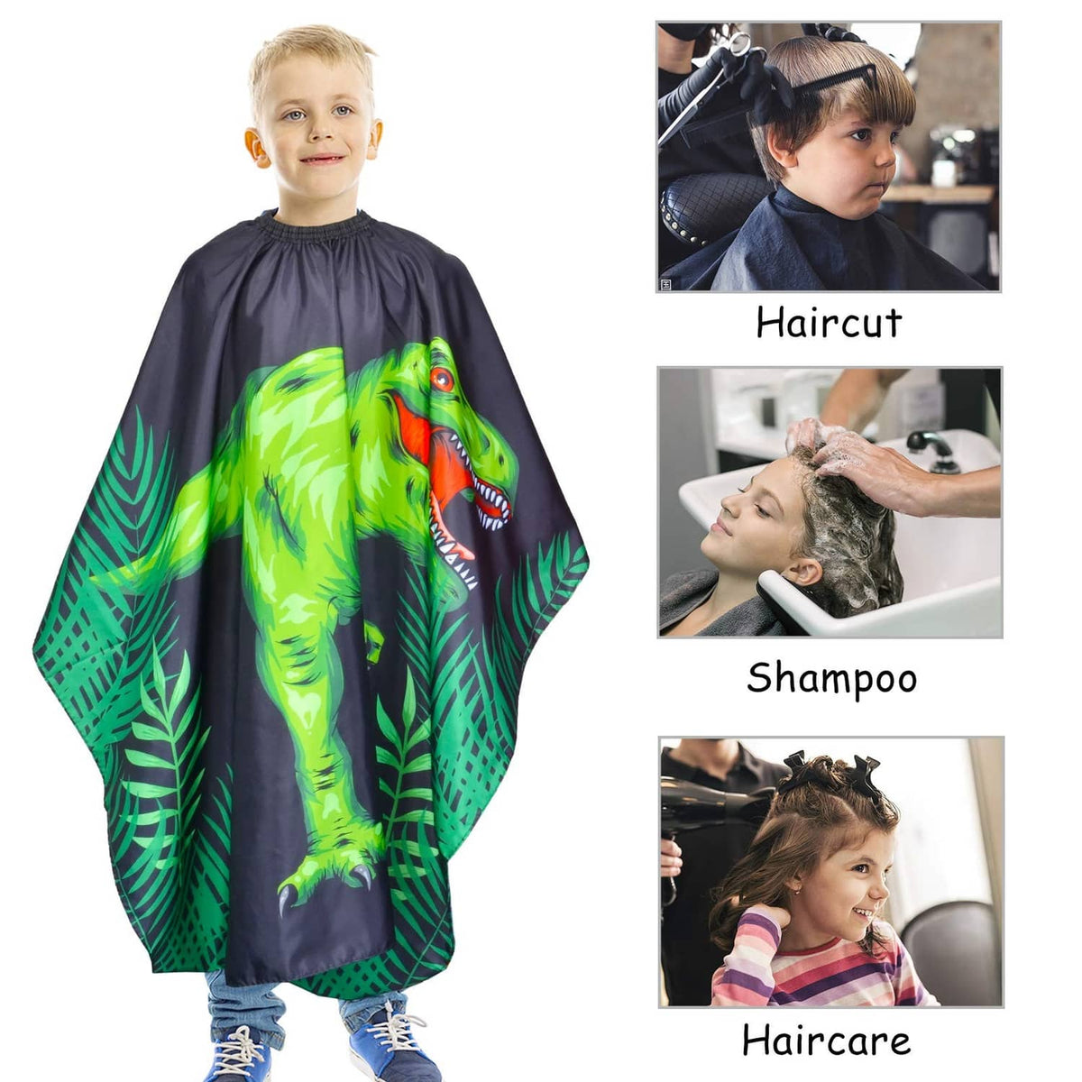 Kids dinosaur haircut cape on child, black with bright green dinosaur and leaf pattern