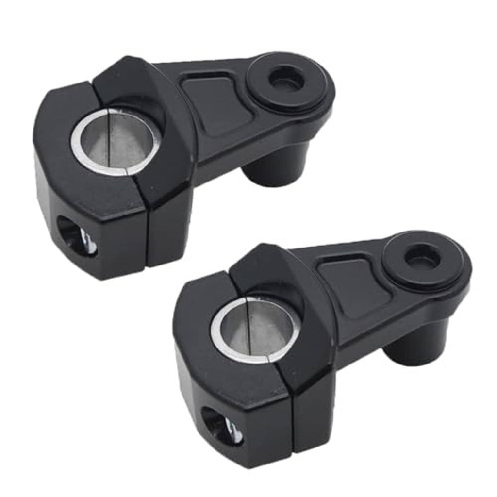 Pair of black handlebar riser clamps with round silver insert openings