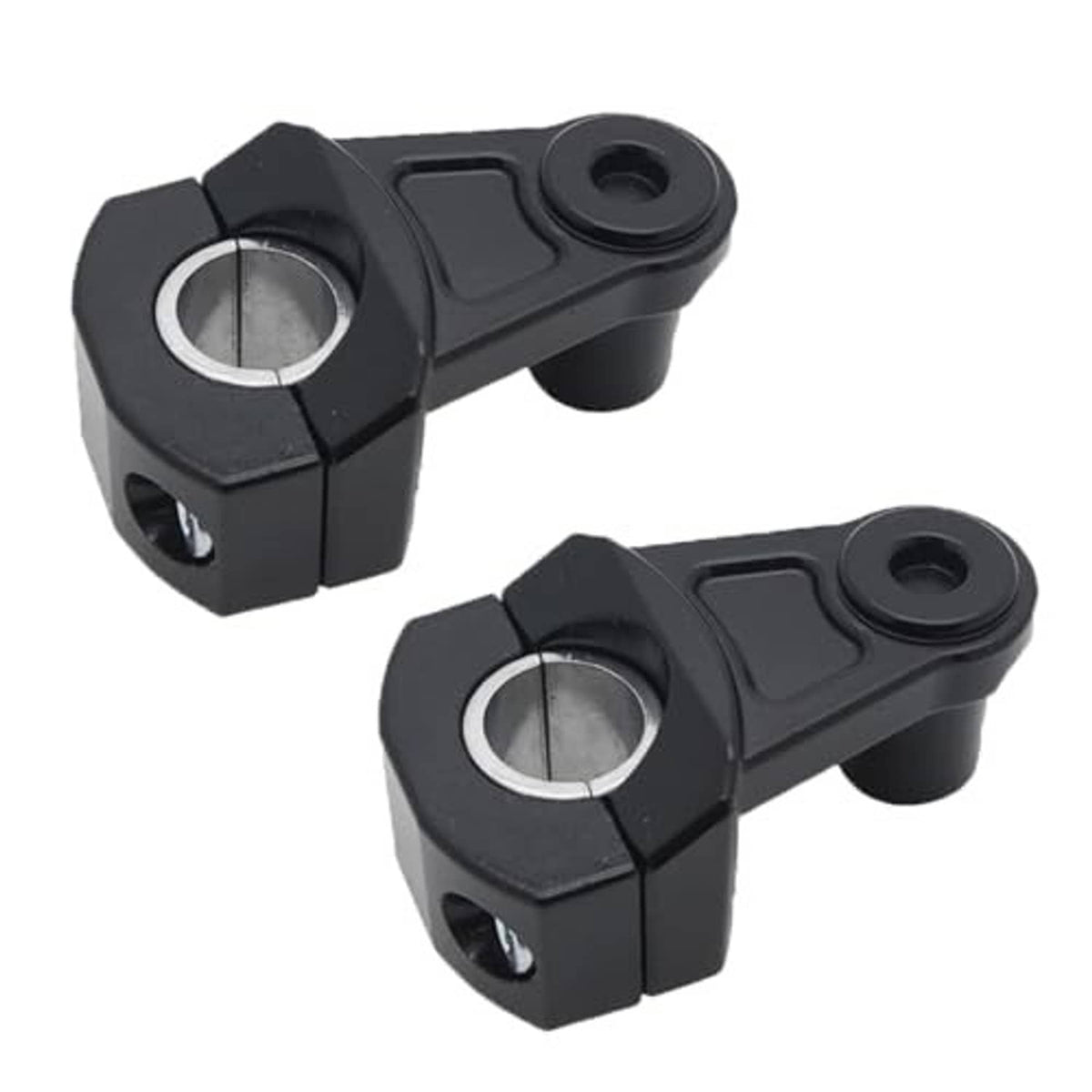 Pair of black handlebar riser clamps with round silver insert openings