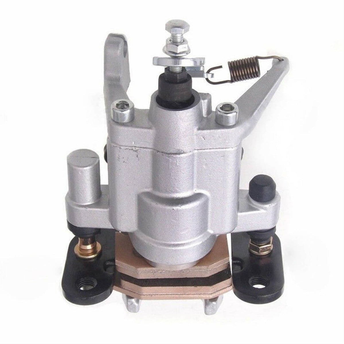 Rear brake caliper with pads, silver metal body and brown friction pads