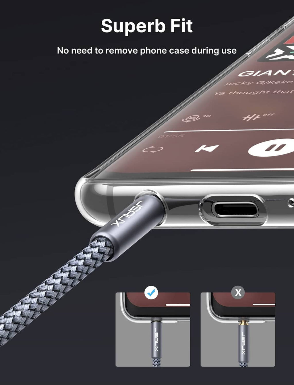 3.5mm to RCA audio cable connector that fits with a phone case