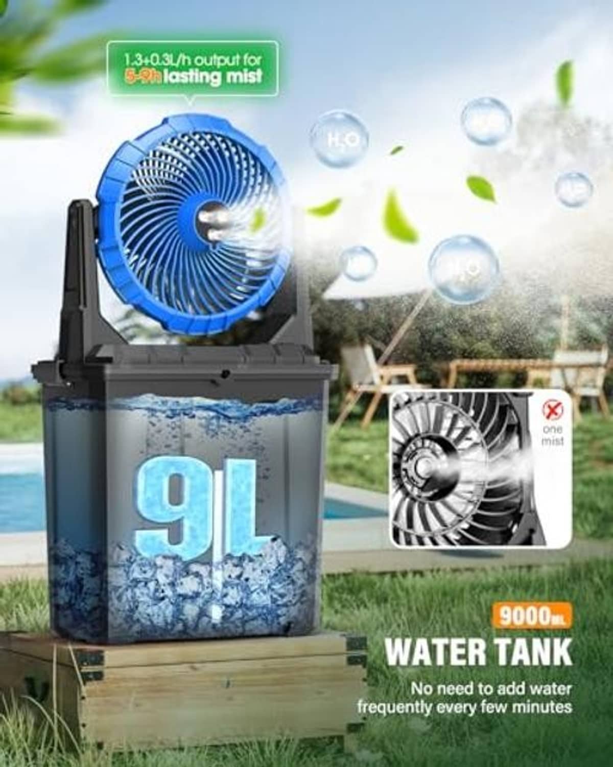 Portable misting fan with large water tank and mist spray around the blue fan