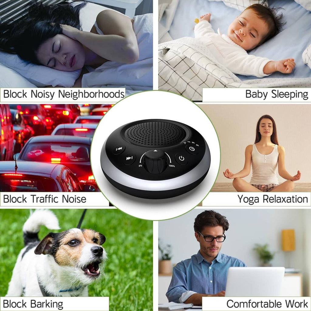 White noise sound machine centered with speaker grille and control buttons, black body