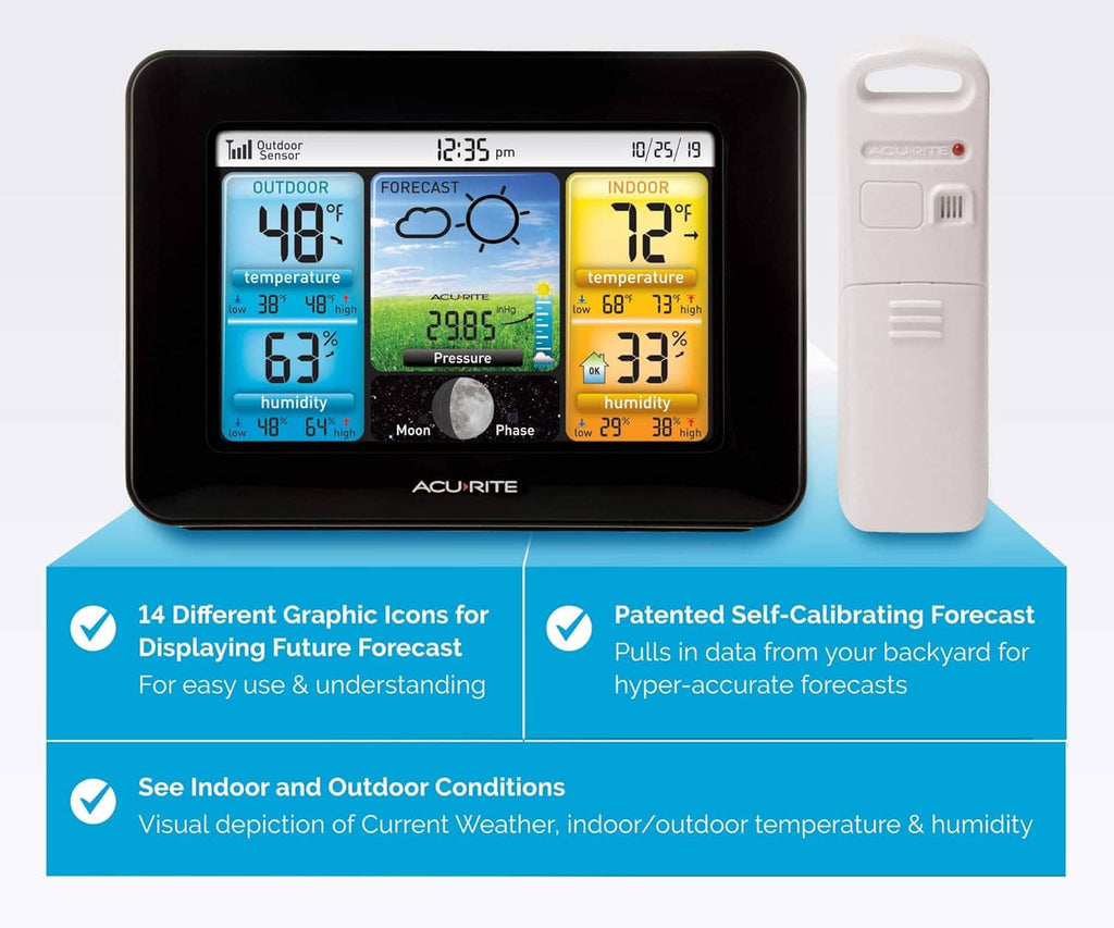 Wireless weather station with color display and compact wireless sensor module included