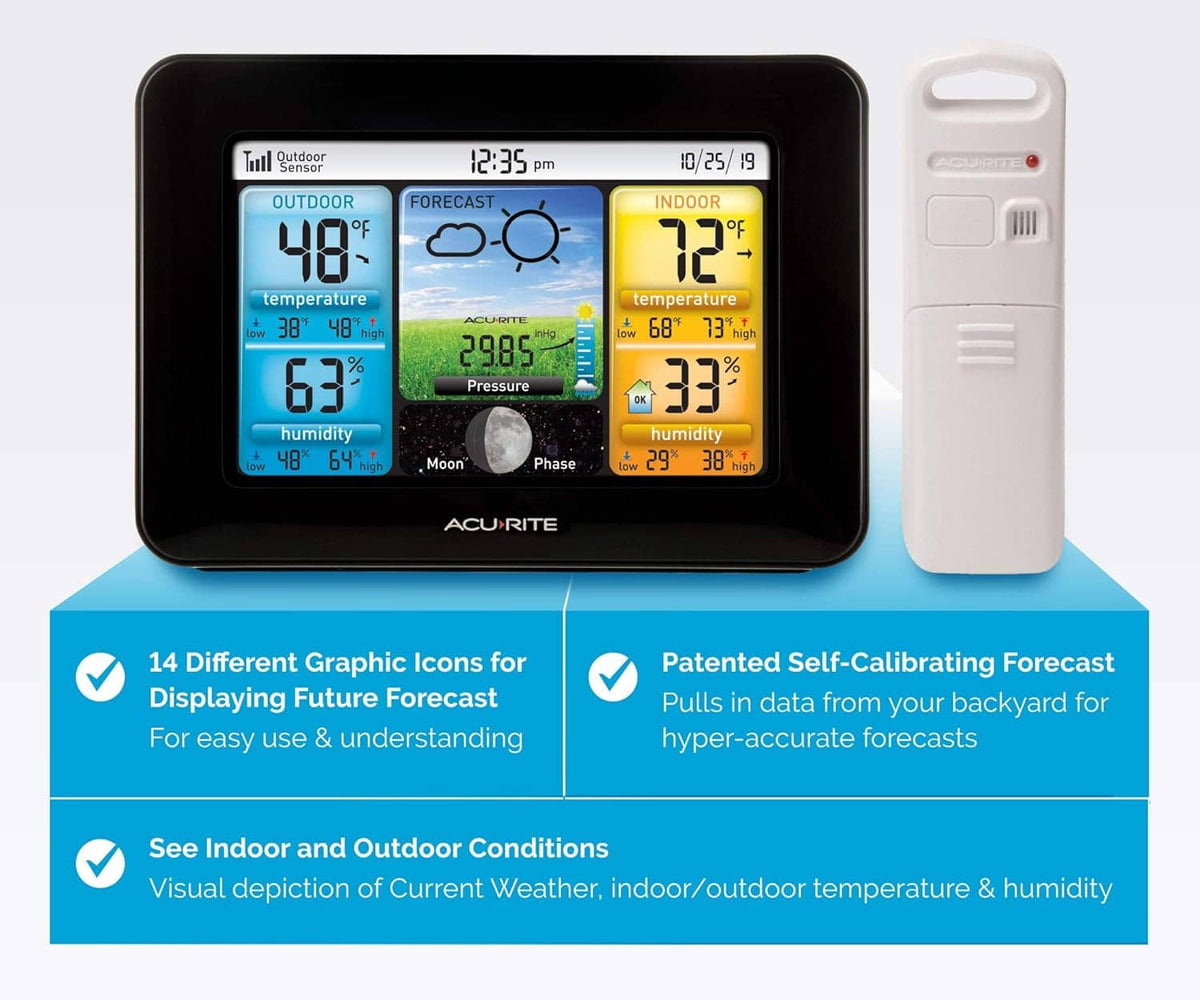 Wireless weather station with color display and compact wireless sensor module included