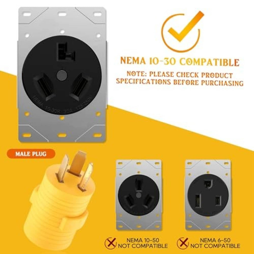 Yellow NEMA adapter plug with male prongs and female receptacle, black port openings