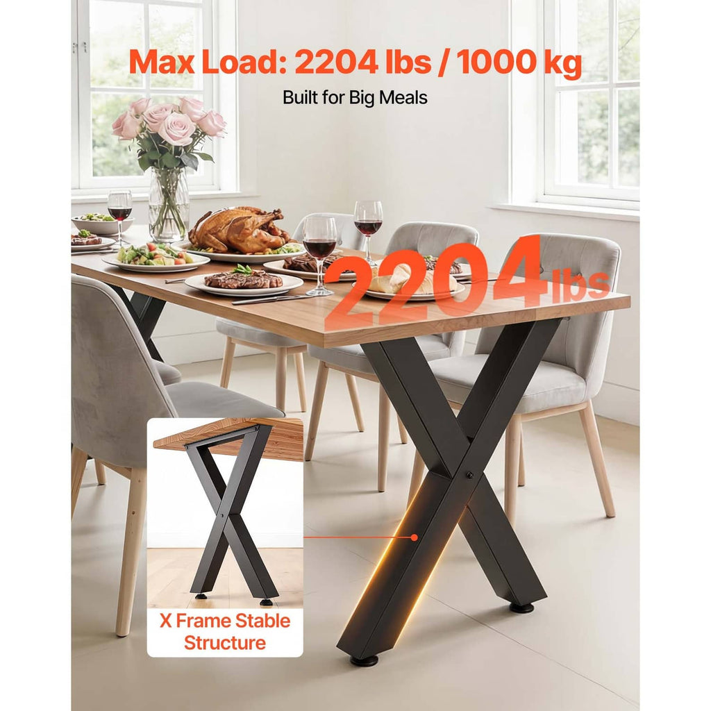 Black X-frame table legs, shown installed under a dining table with rubber feet.