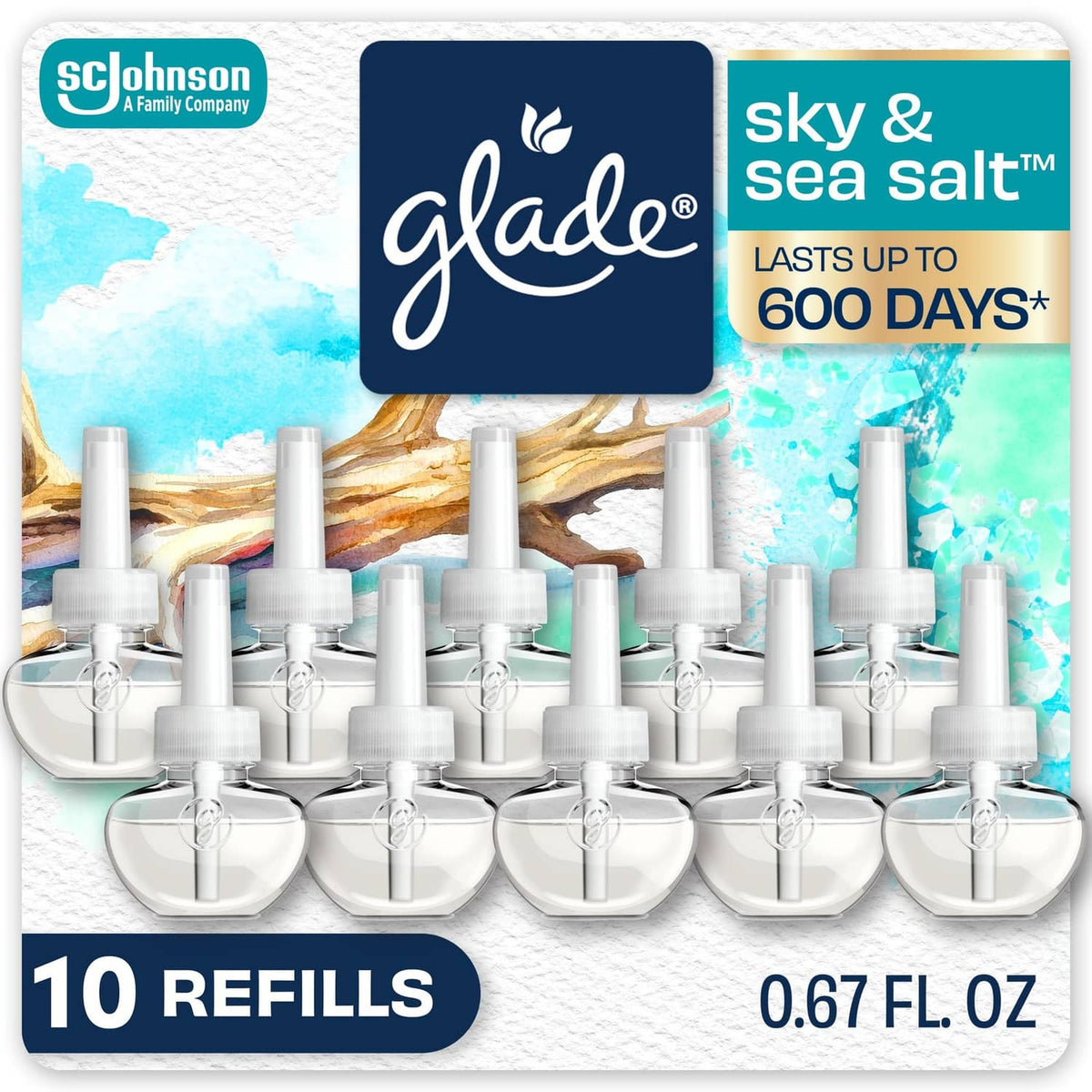 Air freshener plug-in refills pack with 10 white cartridges and teal sky & sea label