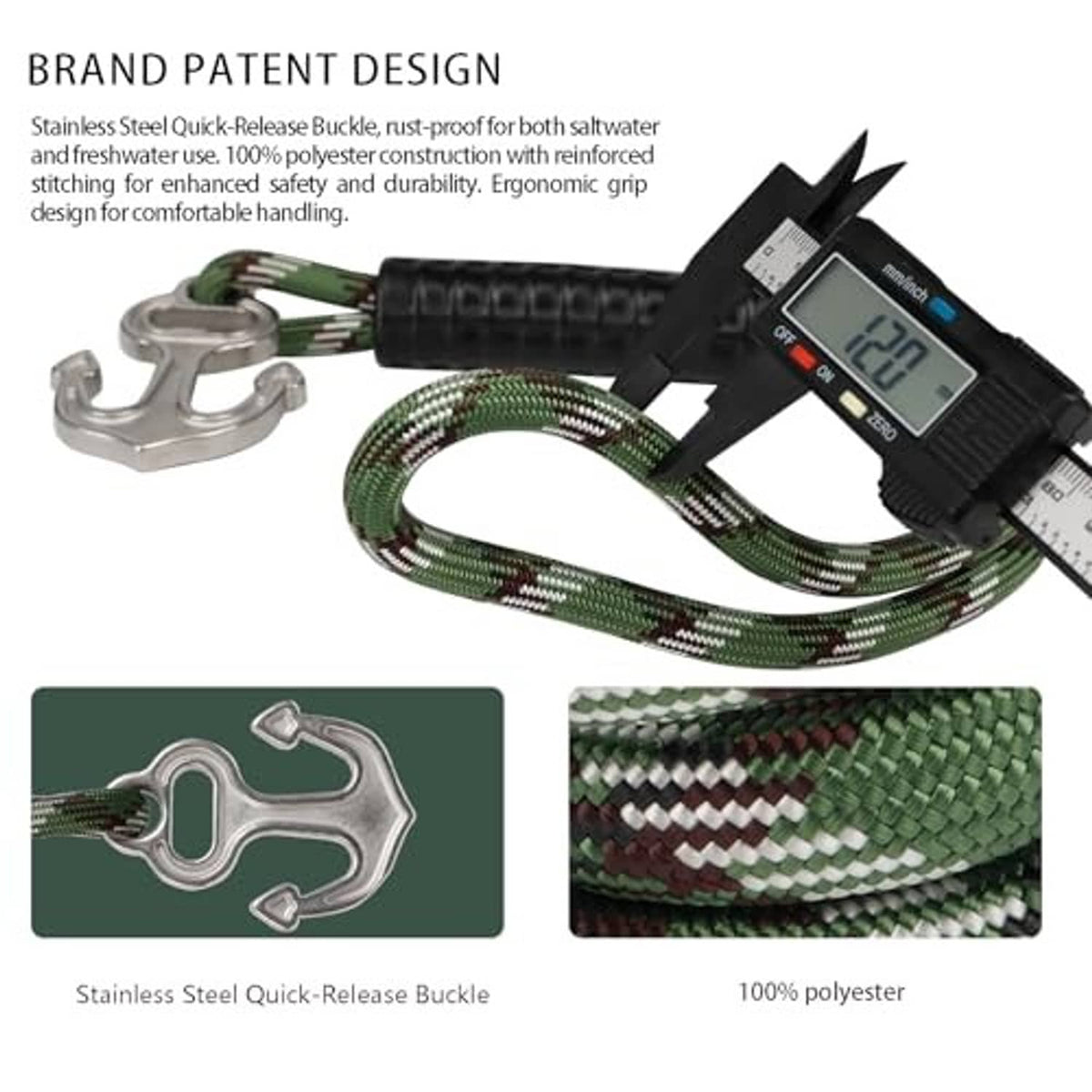 Green braided tow rope with stainless steel quick-release buckle and coiled hook