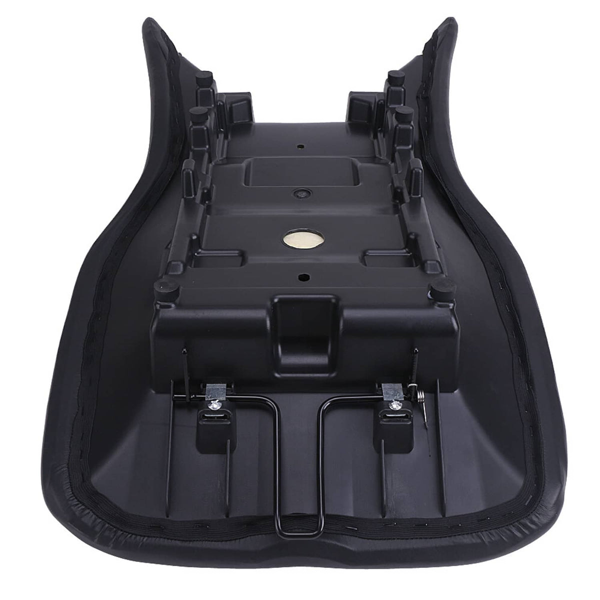 Black seat base underside with mounting points and circular access hole