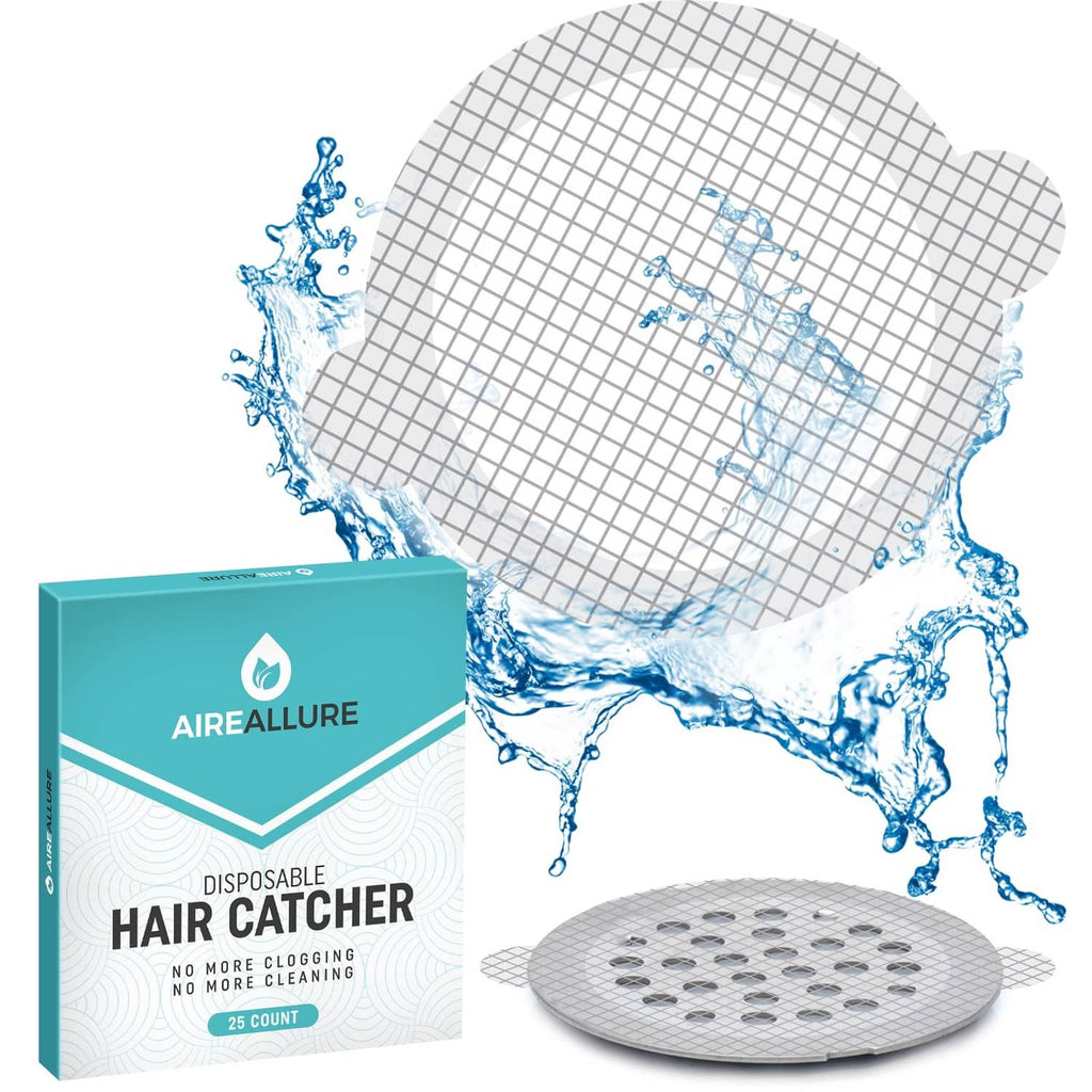 Round white disposable shower drain hair catcher with fine mesh and grid pattern