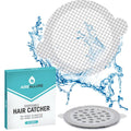 Round white disposable shower drain hair catcher with fine mesh and grid pattern