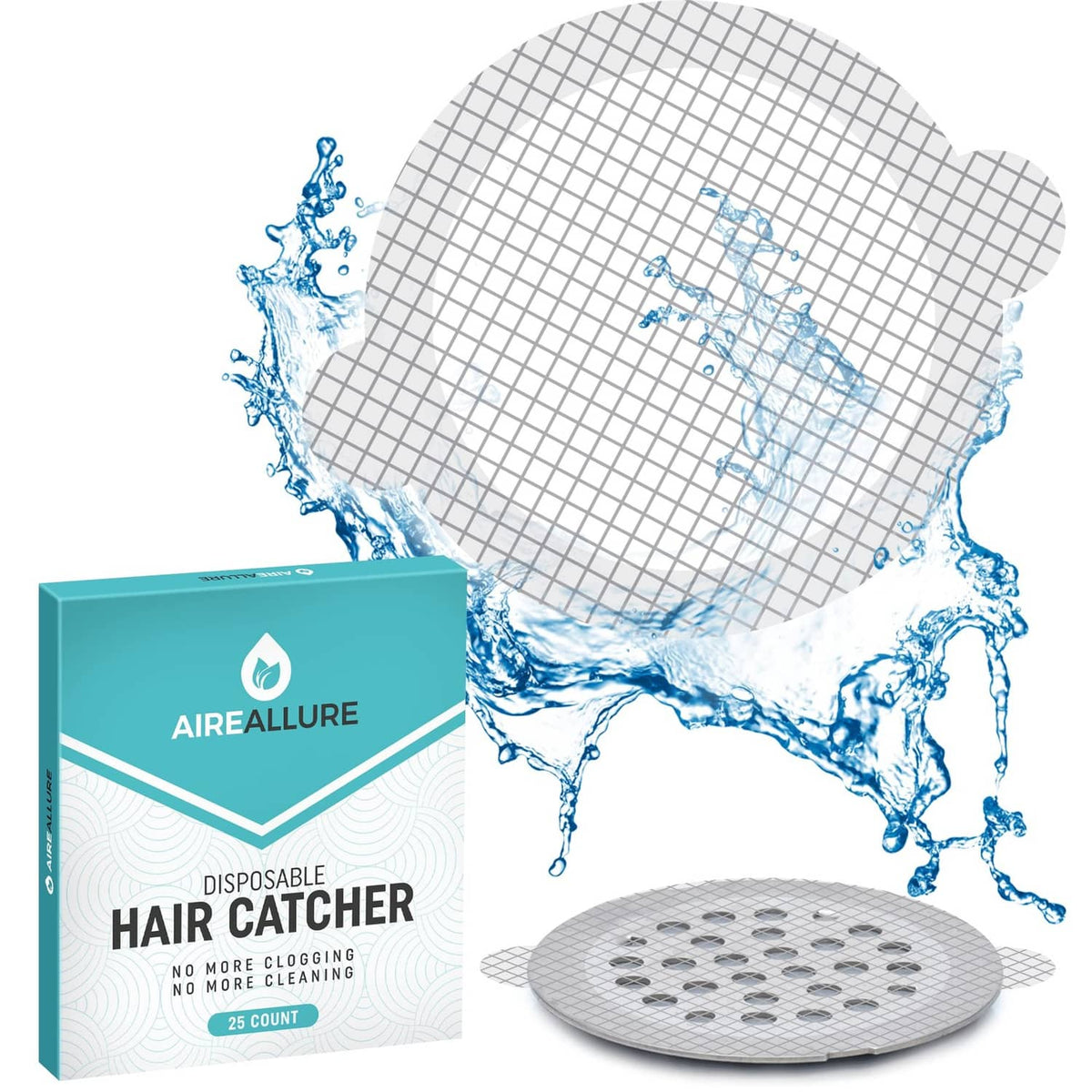 Round white disposable shower drain hair catcher with fine mesh and grid pattern
