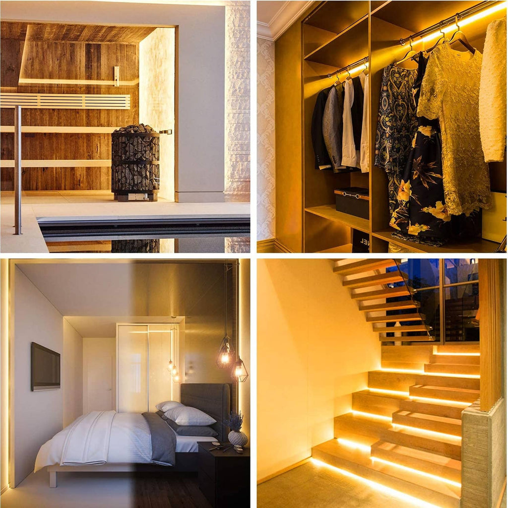 Warm white LED strip lights installed in home for ceiling, shelf, and wardrobe outline glow