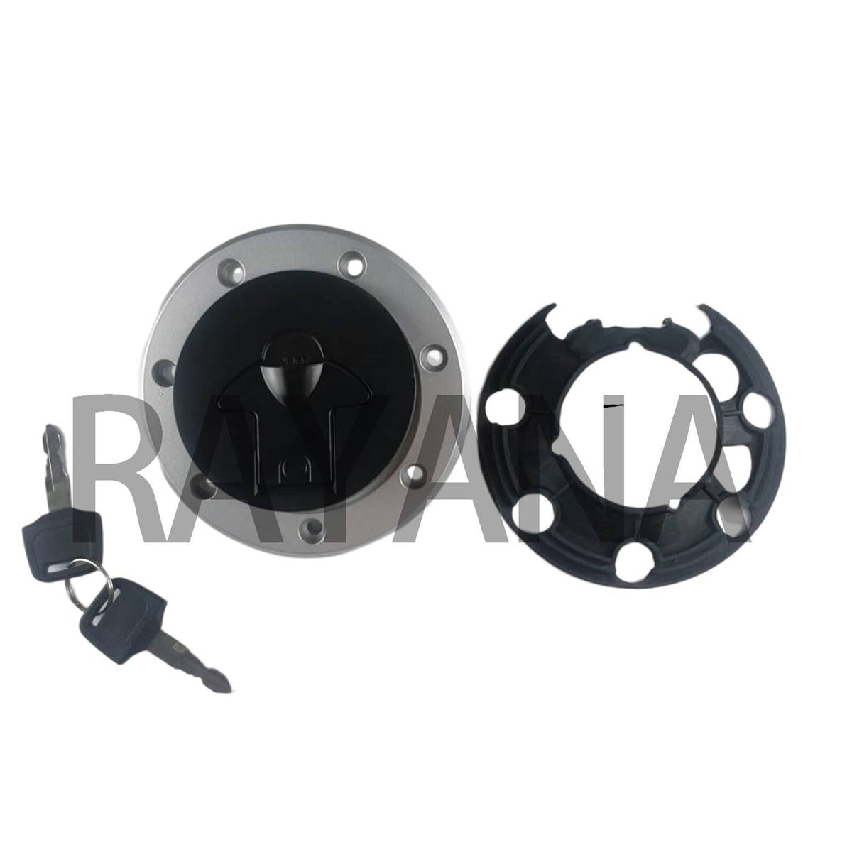Fuel tank gas cap kit with keys, lock cap, and round mounting ring, side view.