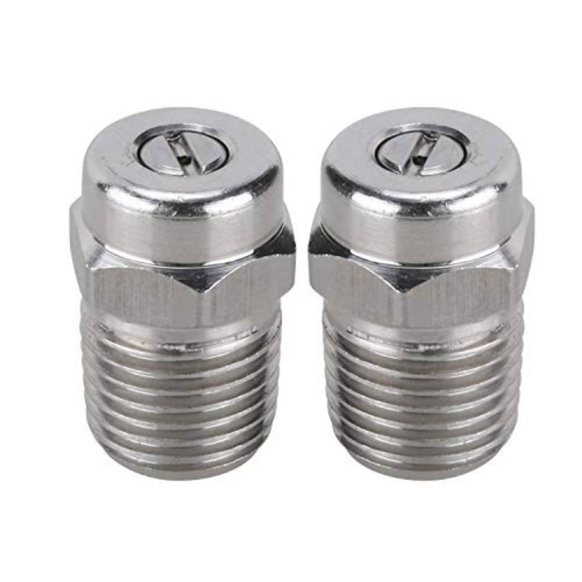 Stainless steel threaded pressure washer nozzle pair with round top connector and ridged grip