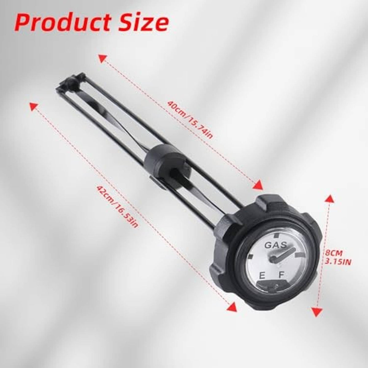 Fuel gauge gas cap with black float rod and round GAS meter, side view