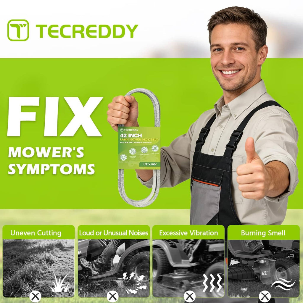 Technician holding 42-inch mower deck belt on green FIX graphic