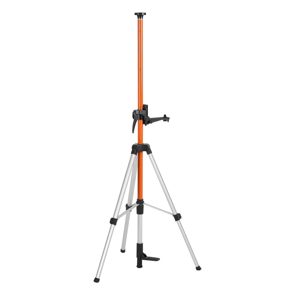 Laser level tripod with orange center column, black bracket, and three silver legs