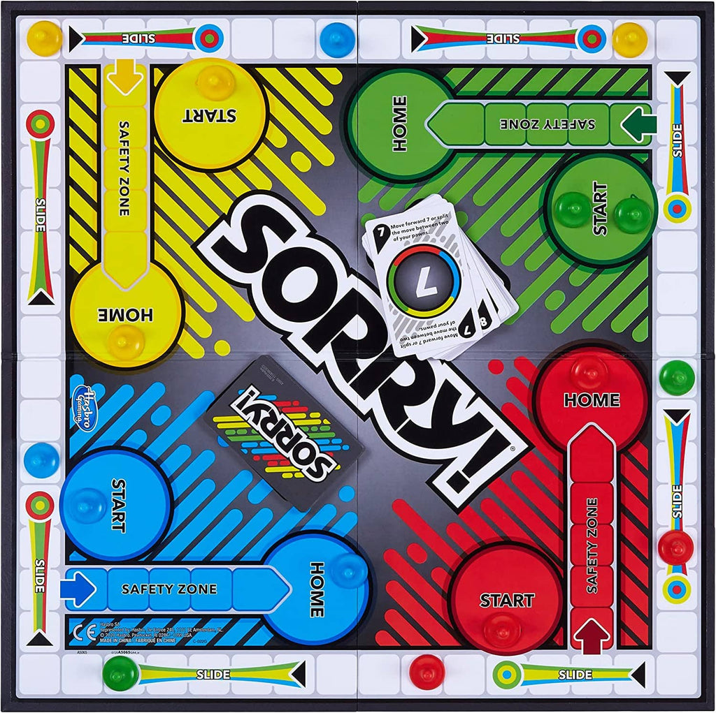 Sorry! board game board with START, HOME, and SLIDE lanes plus pawns and cards