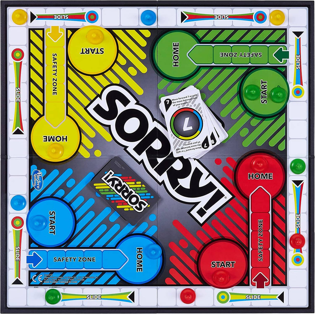 Sorry! board game board with START, HOME, and SLIDE lanes plus pawns and cards