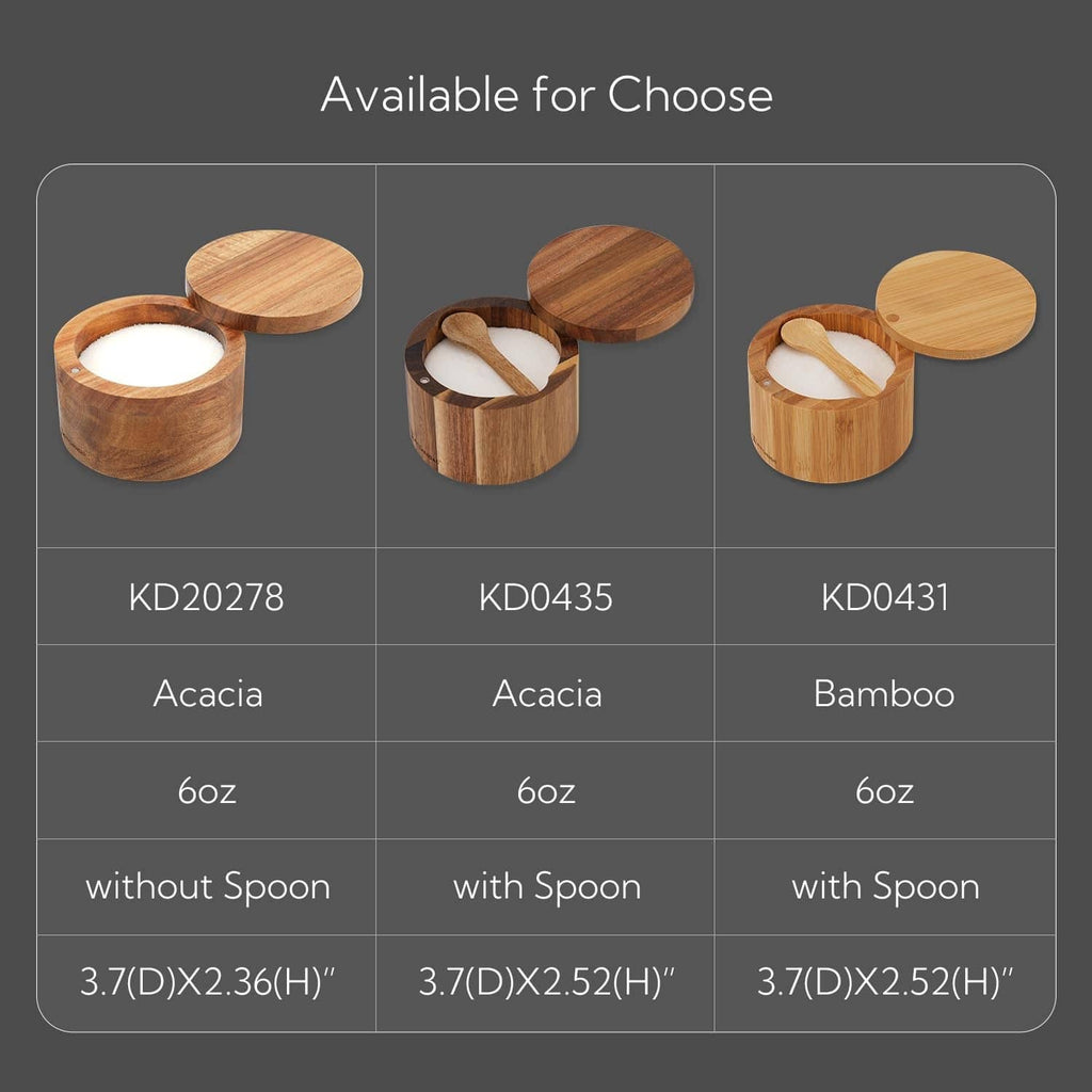 Salt cellar options with round lids in acacia wood and bamboo finishes