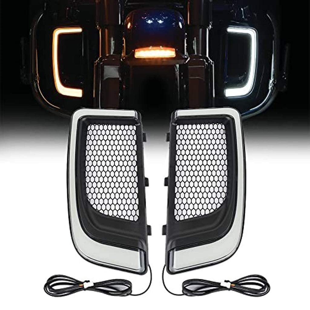 Motorcycle vent light pair with mesh grille lenses and chrome edges, includes black wire harness