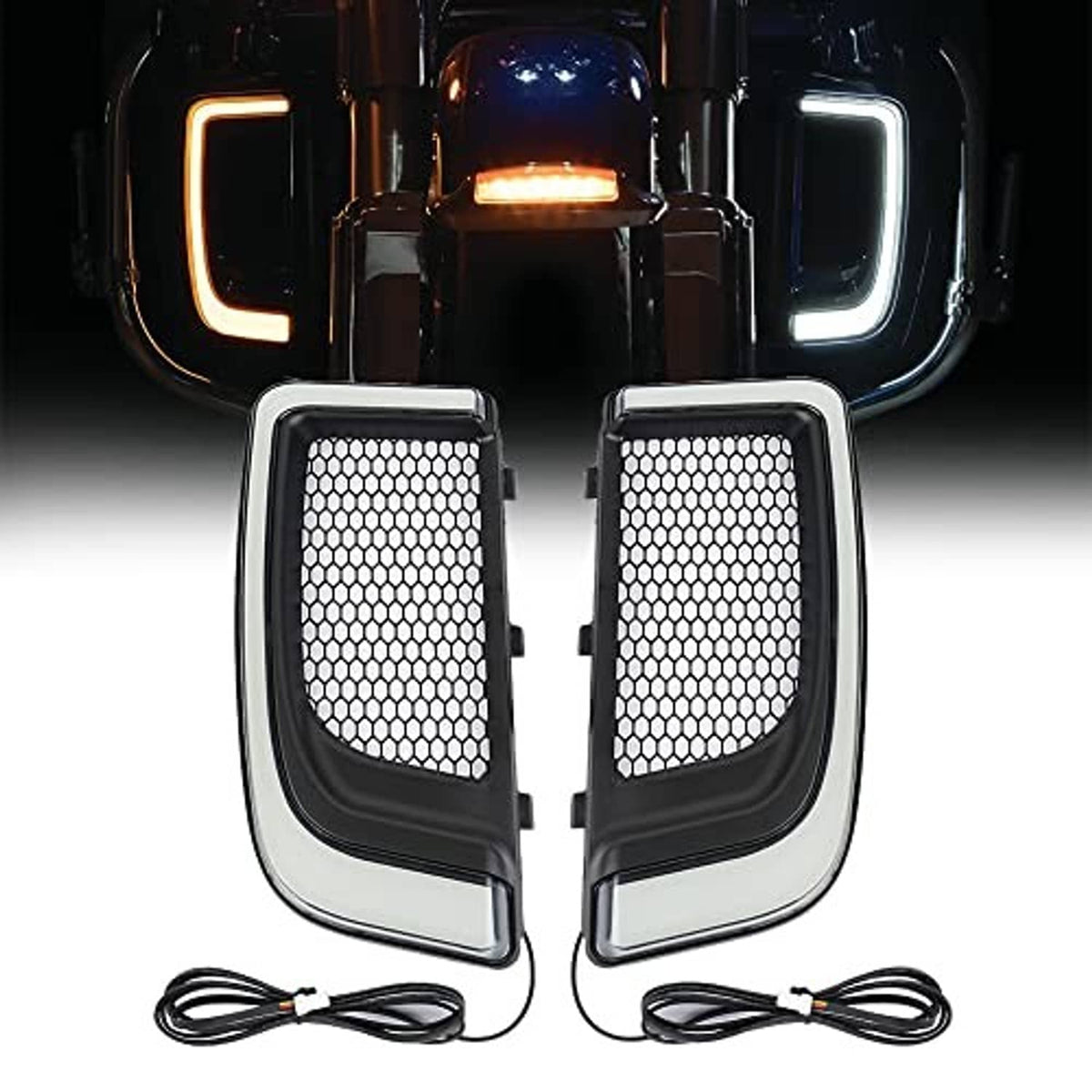 Motorcycle vent light pair with mesh grille lenses and chrome edges, includes black wire harness