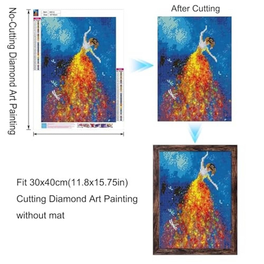 Brown wall picture frame with colorful portrait artwork, shown before/after cutting