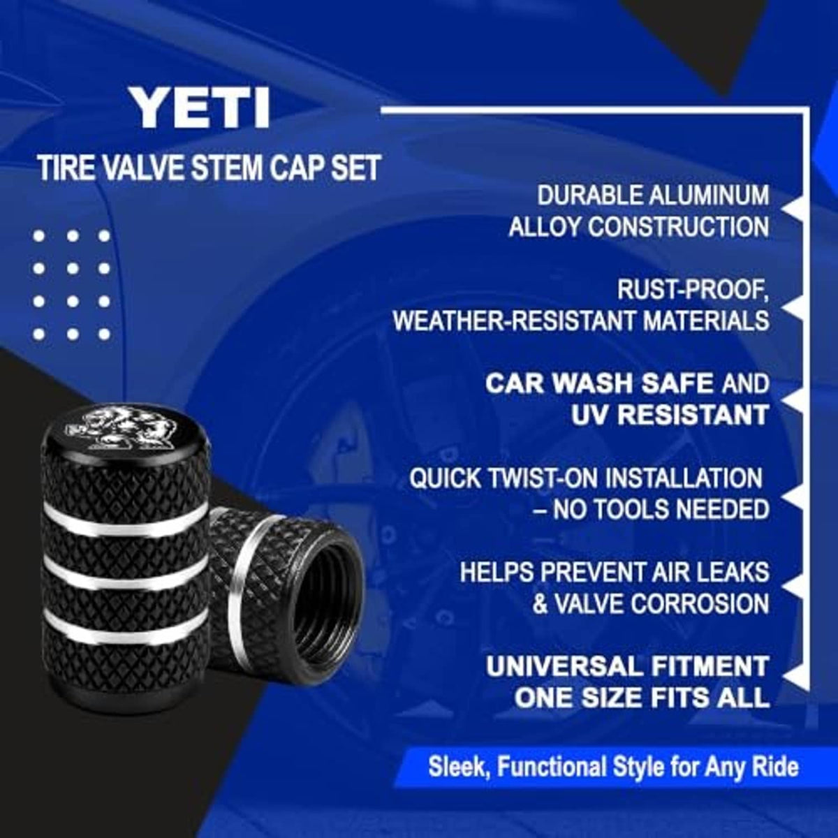 Black Yeti tire valve stem cap set with textured pattern and silver stripe band detailing