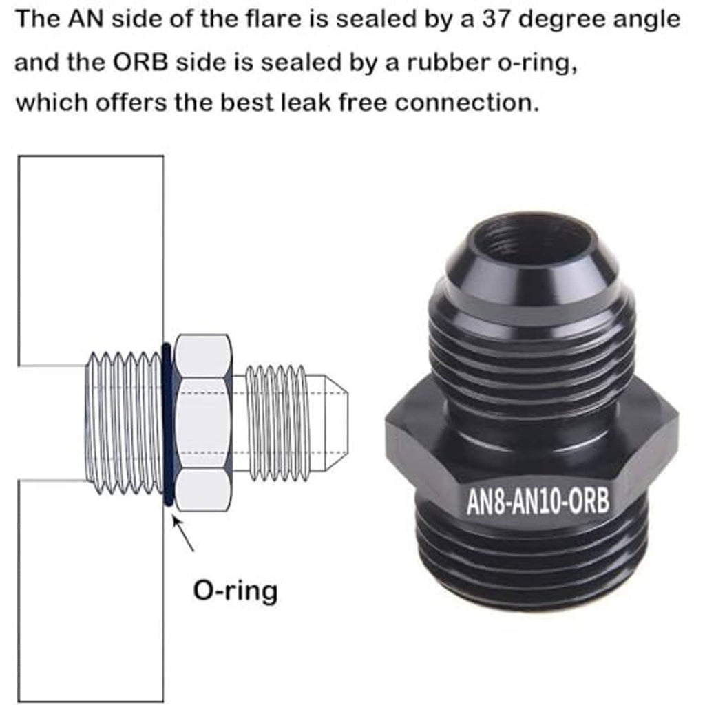 Black ORB male adapter fitting with O-ring sealing surface and flare threads