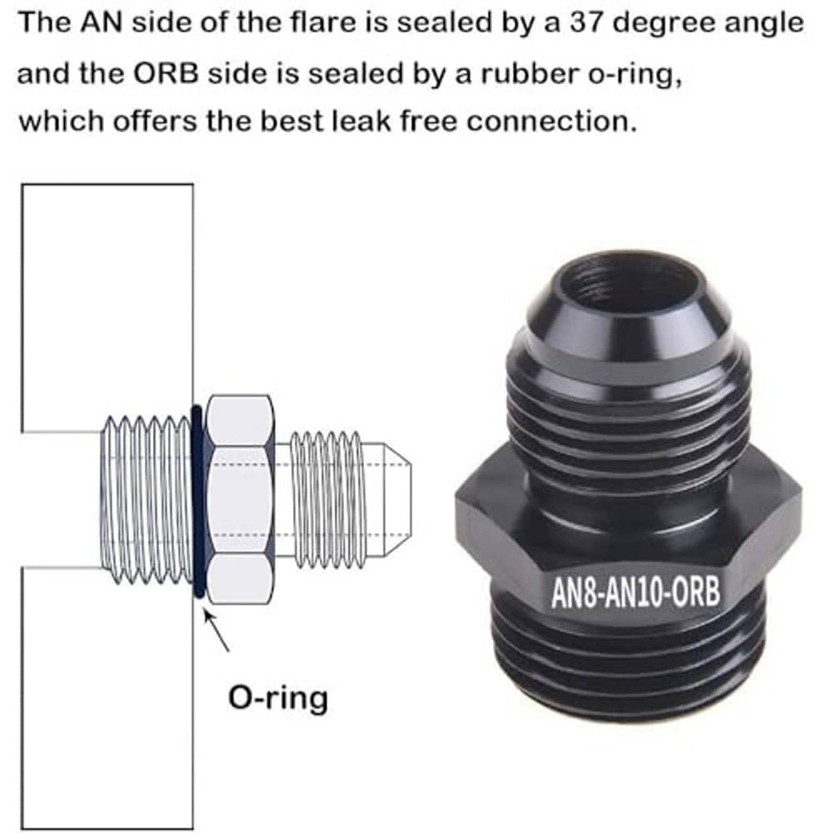 Black ORB male adapter fitting with O-ring sealing surface and flare threads