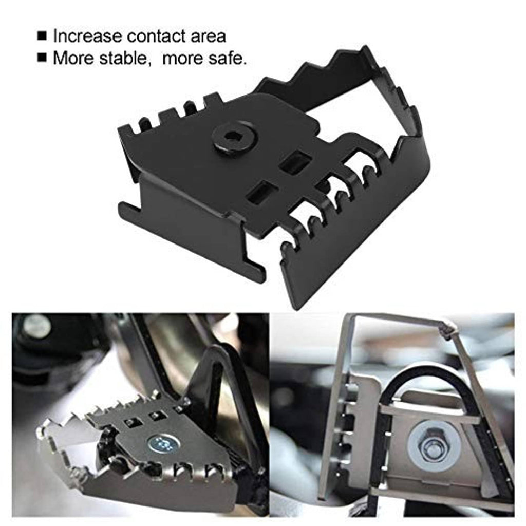 Motorcycle brake pedal extension pad, black metal piece with serrated contact teeth