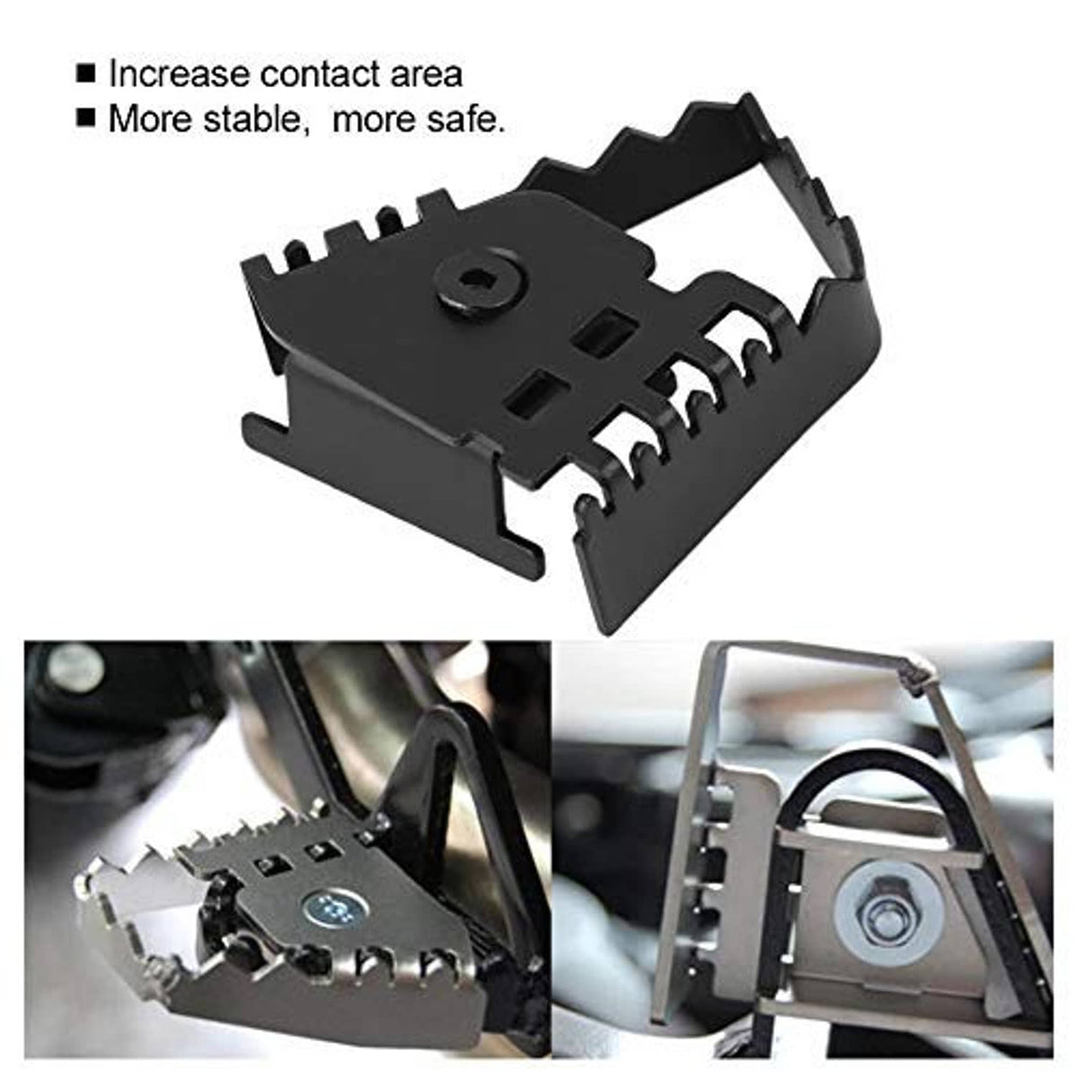Motorcycle brake pedal extension pad, black metal piece with serrated contact teeth