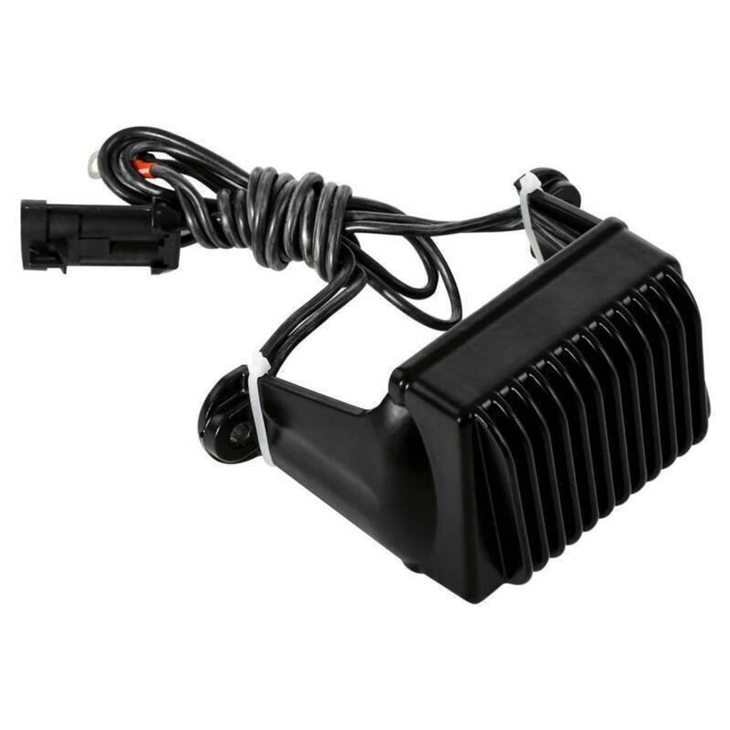Black voltage regulator with ribbed housing and plug-style electrical connector