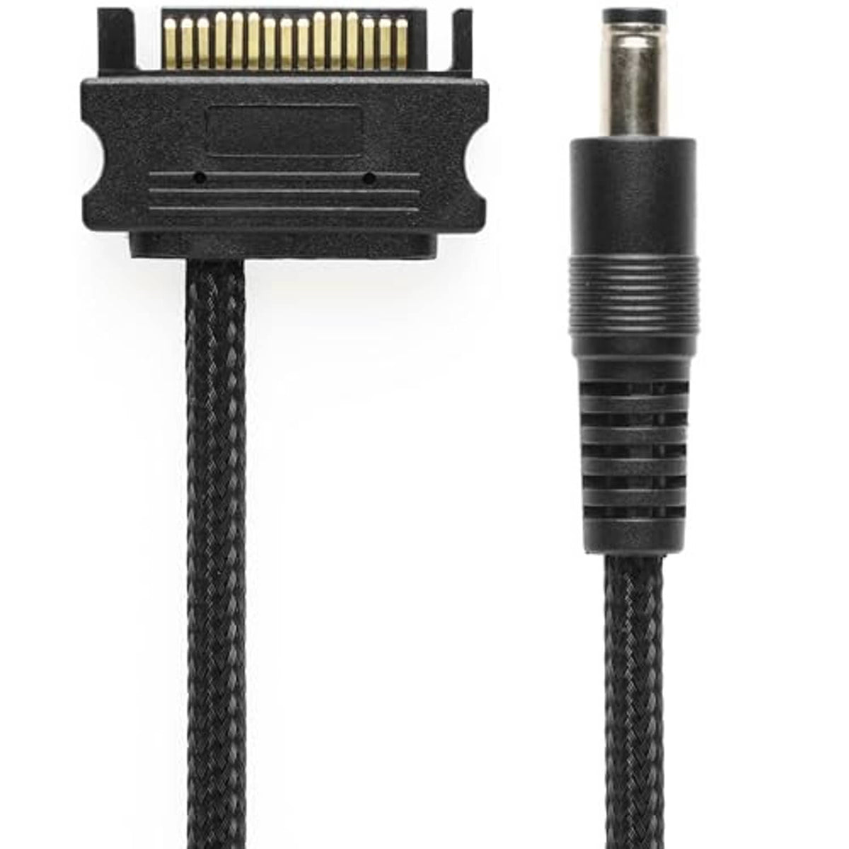 15-pin SATA connector and 12V DC plug on black braided adapter cable, straight view