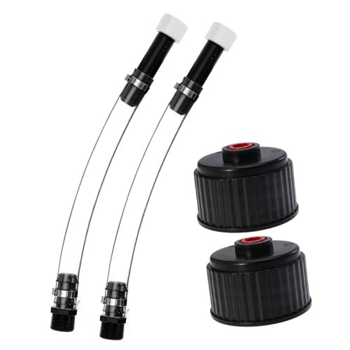 Fuel filler hose kit with two black hoses and two black ribbed adapters, red inserts