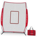 Portable baseball pitching screen with white net, red frame, center target box