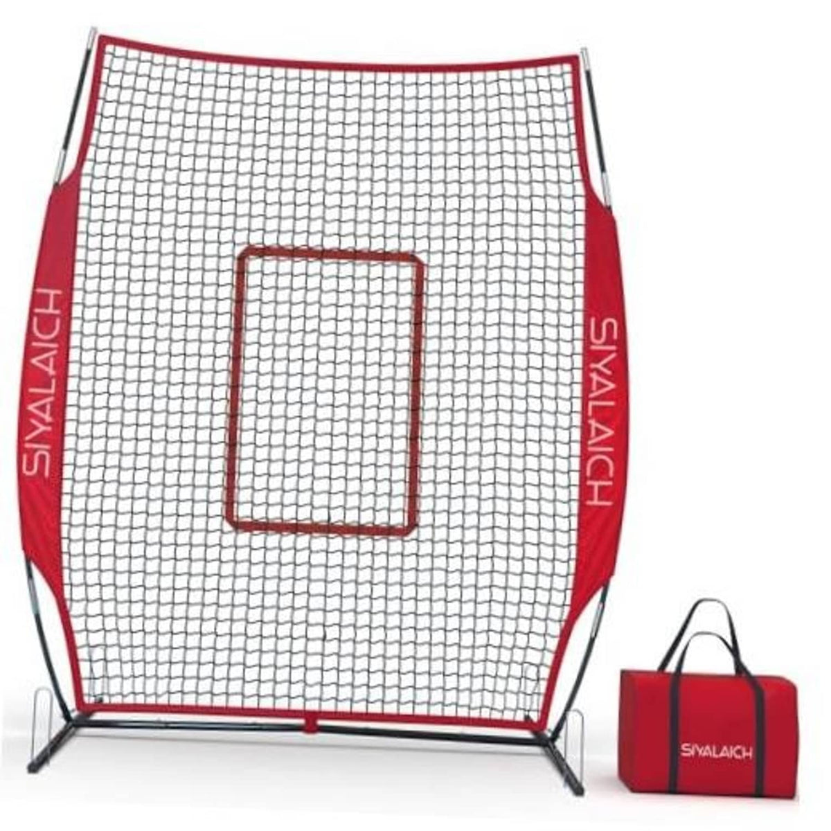 Portable baseball pitching screen with white net, red frame, center target box