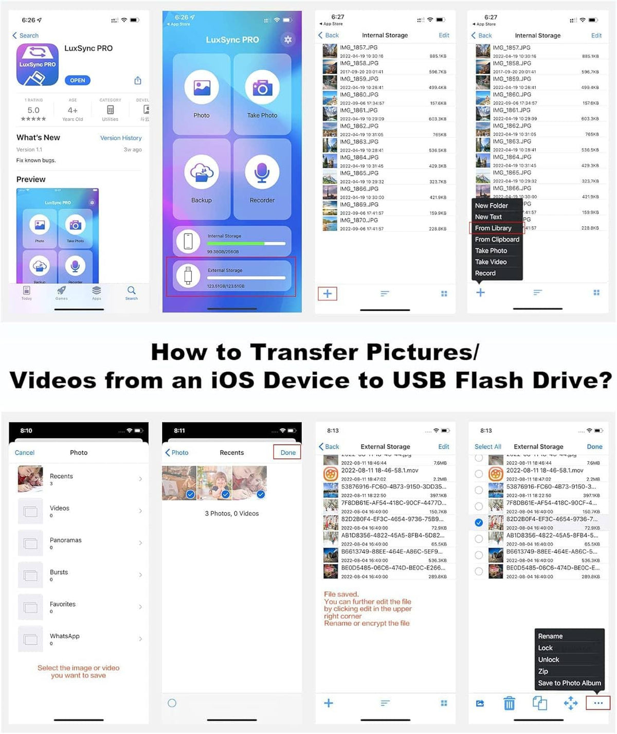 BLANBOKX flash drive connected to an iPhone screen for transferring photos