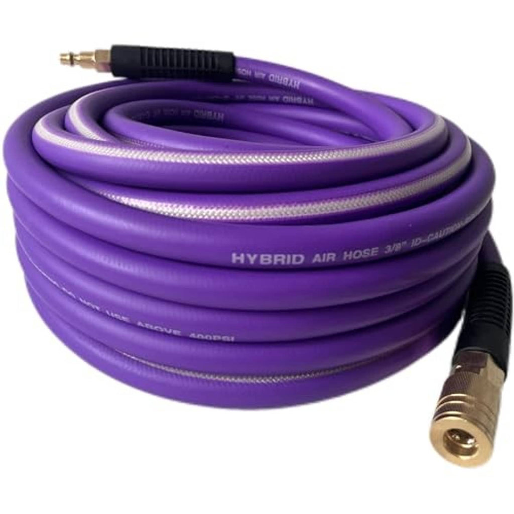 Purple hybrid air hose coil with brass quick-connect end and black protective cover